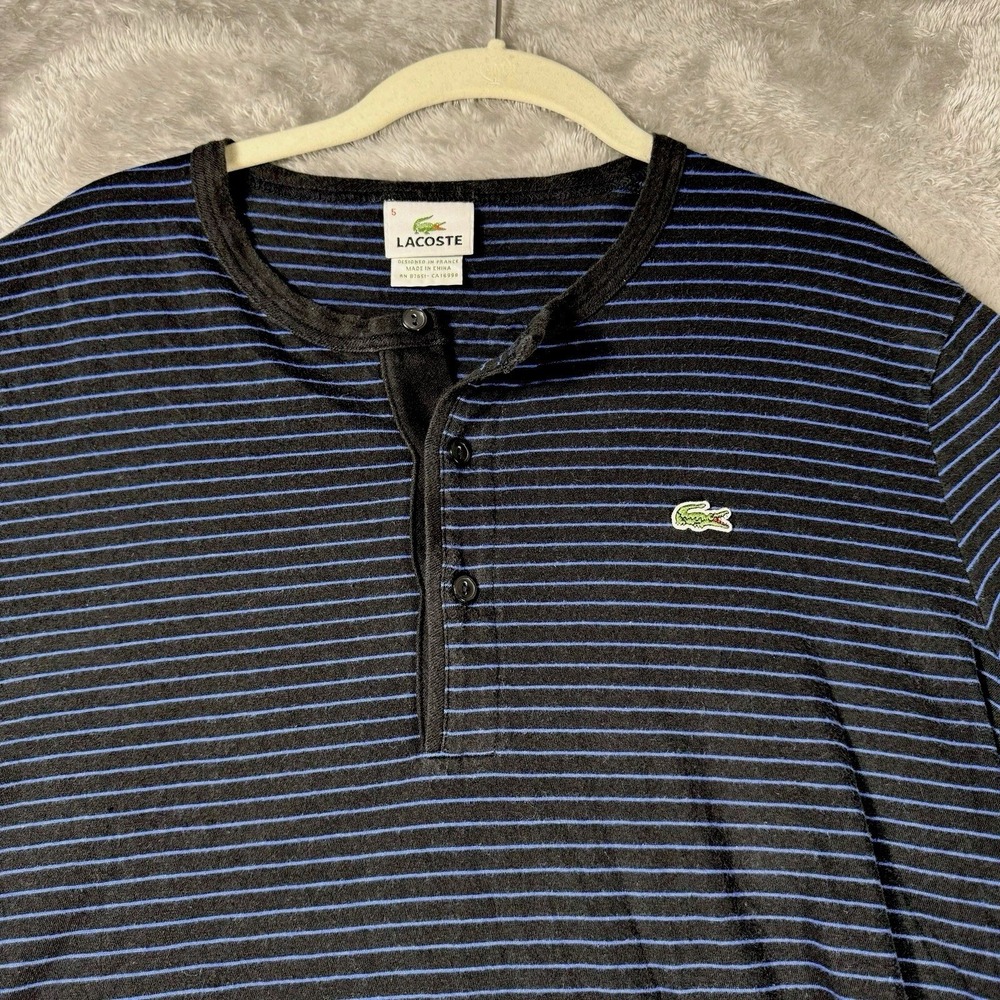 Lacoste Henley Shirt Mens Large Blue Stripe Short Sleeve Preppy Casual Logo